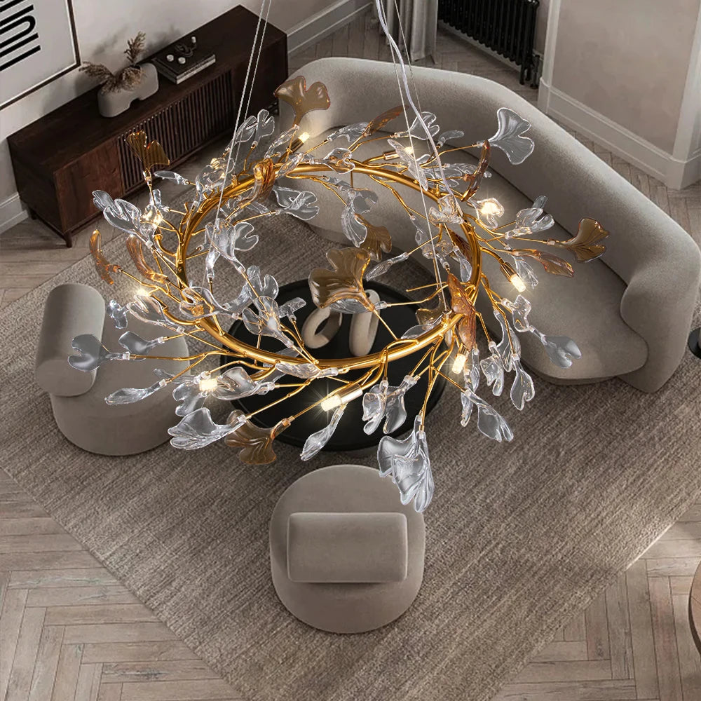 Round Glass Leaf Luxury Crystal Branch Chandelier Turn Your Space into a Luxury Haven