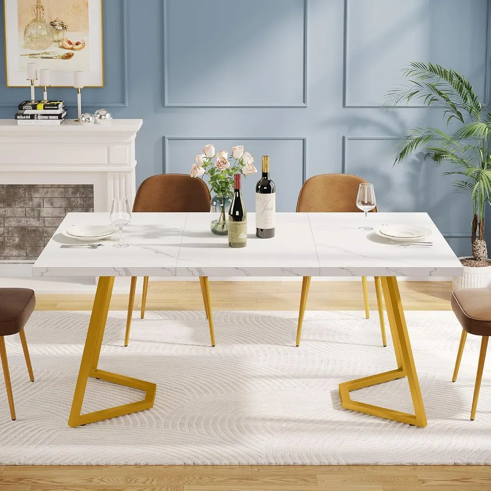 Luxury Gold Dining Table – 55” Modern White Faux Marble Kitchen Table for 6