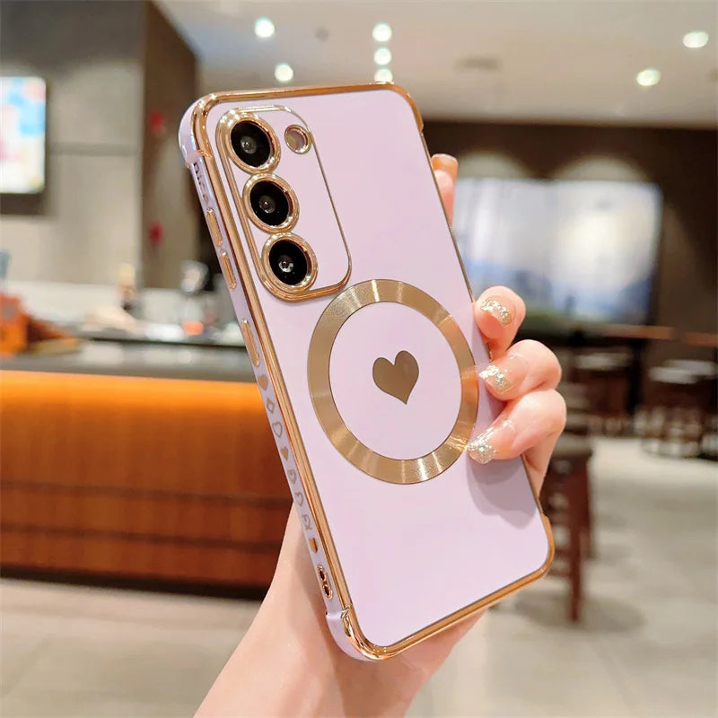 Love Heart Plating Magnetic Phone Case for Samsung Galaxy S24, S23, S22, S21 Ultra & Plus – Shockproof MagSafe Back Cover!
