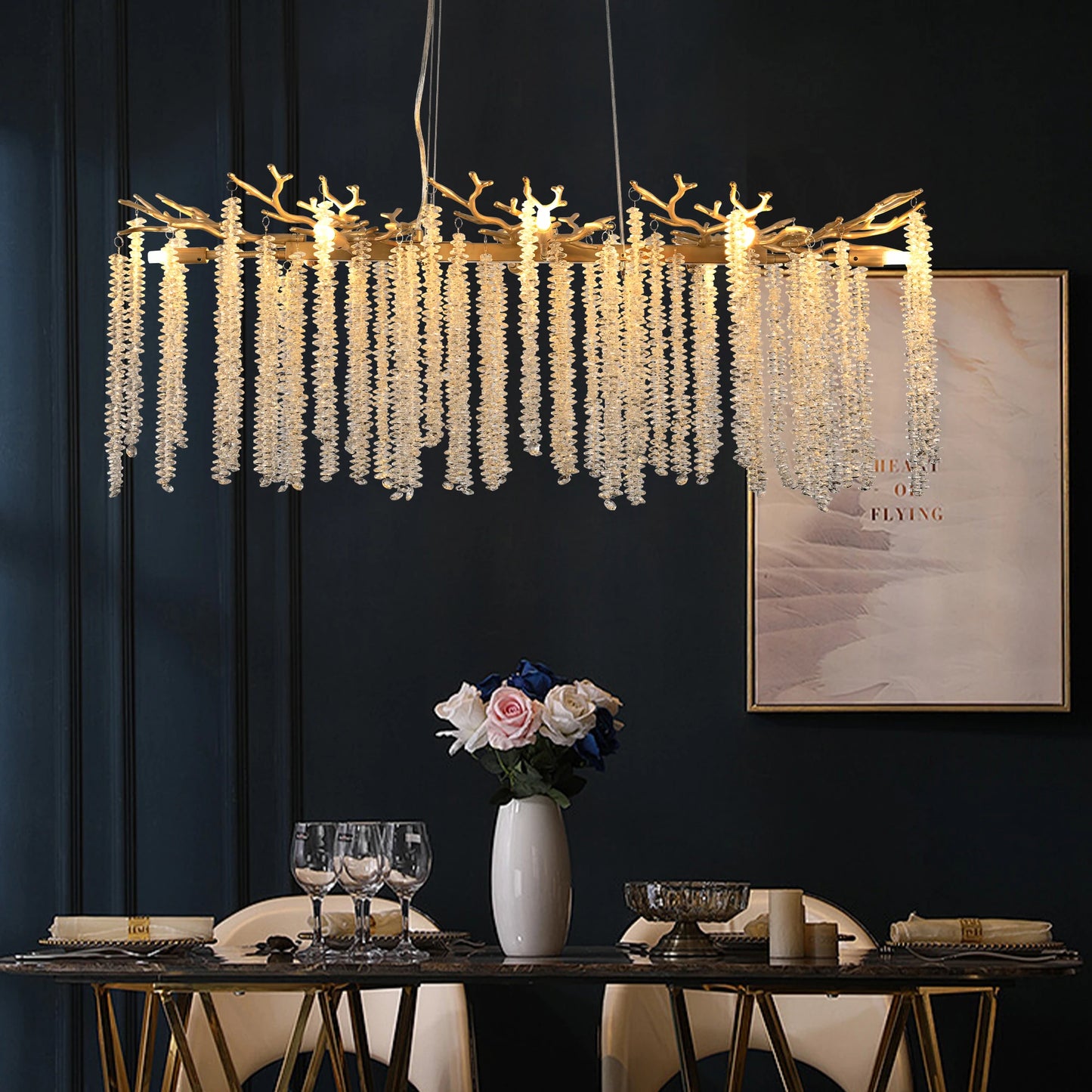Elegant Crystal String Chandelier – Golden Pendant Lamp for Living Room & Foyer