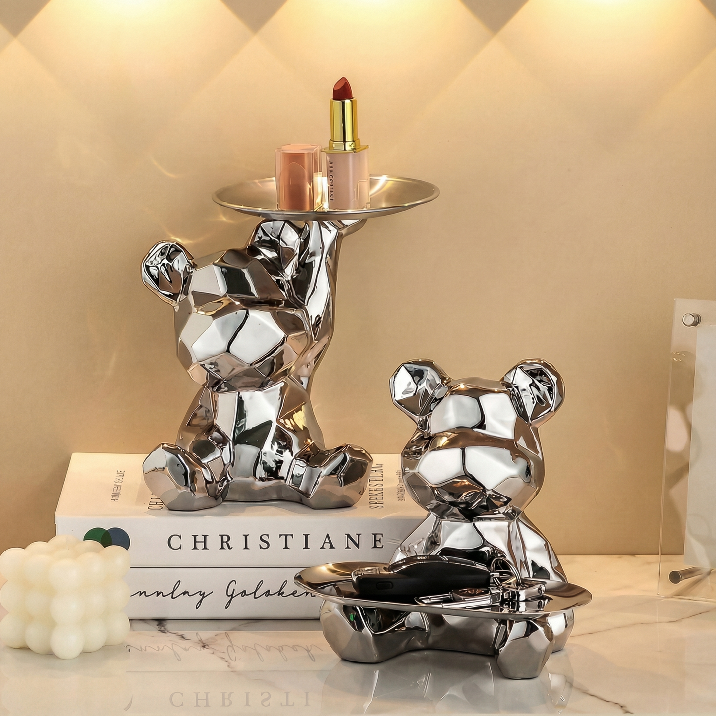 Geometric Bear Tray Statue with Smart Storage Perfect for Living Rooms & Any Space