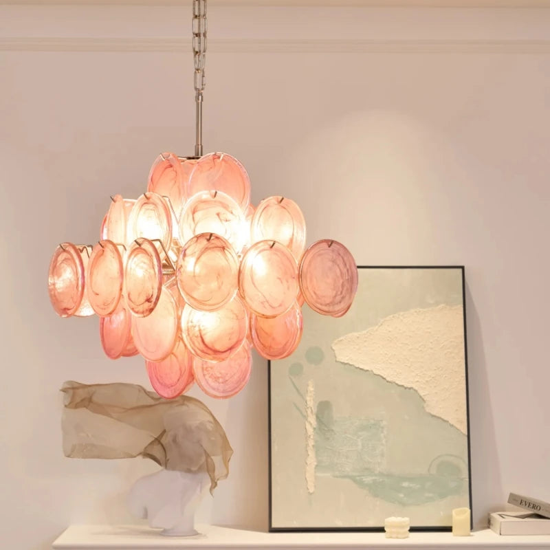 Luxury Pink Disc Murano Chandelier Handmade Vintage Pendant for Living Room & Bedroom