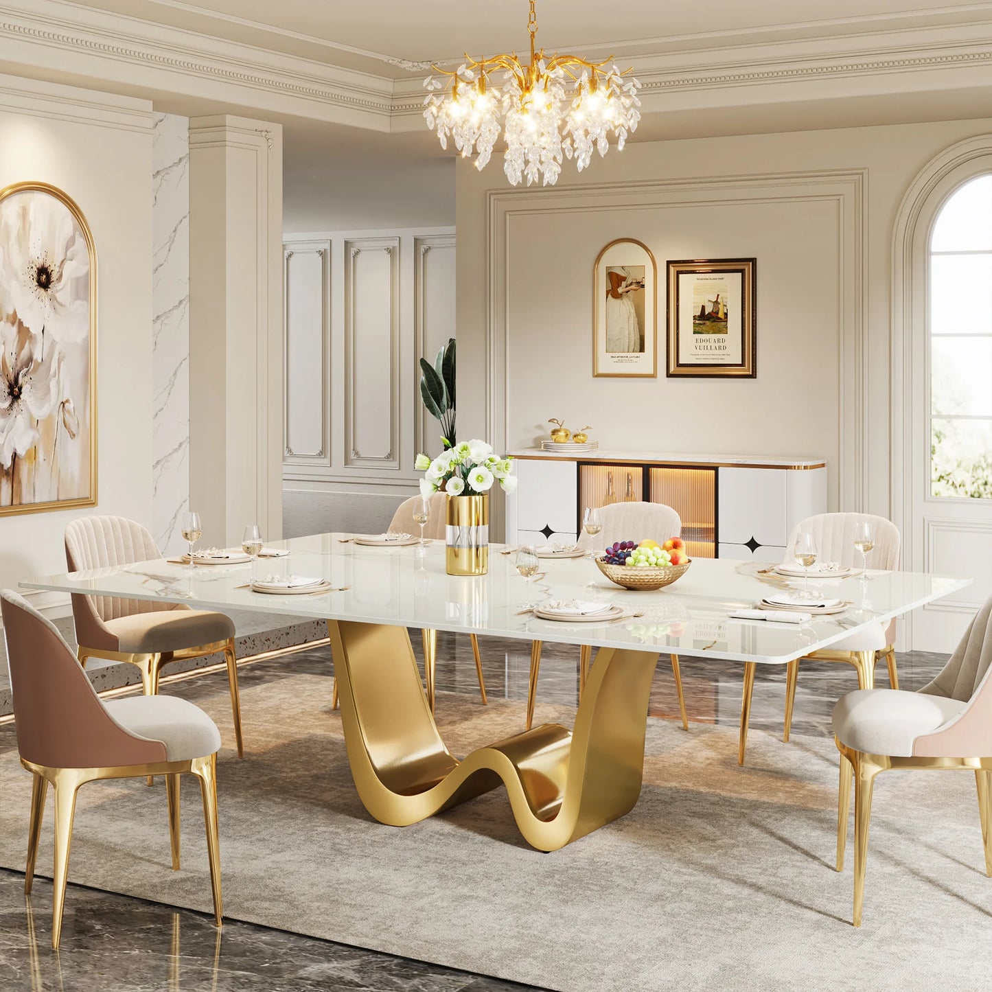 Luxury Tribesigns Sintered Stone Dining Table Sleek White Surface & Gold Base for Modern Kitchens & Luxury Homes