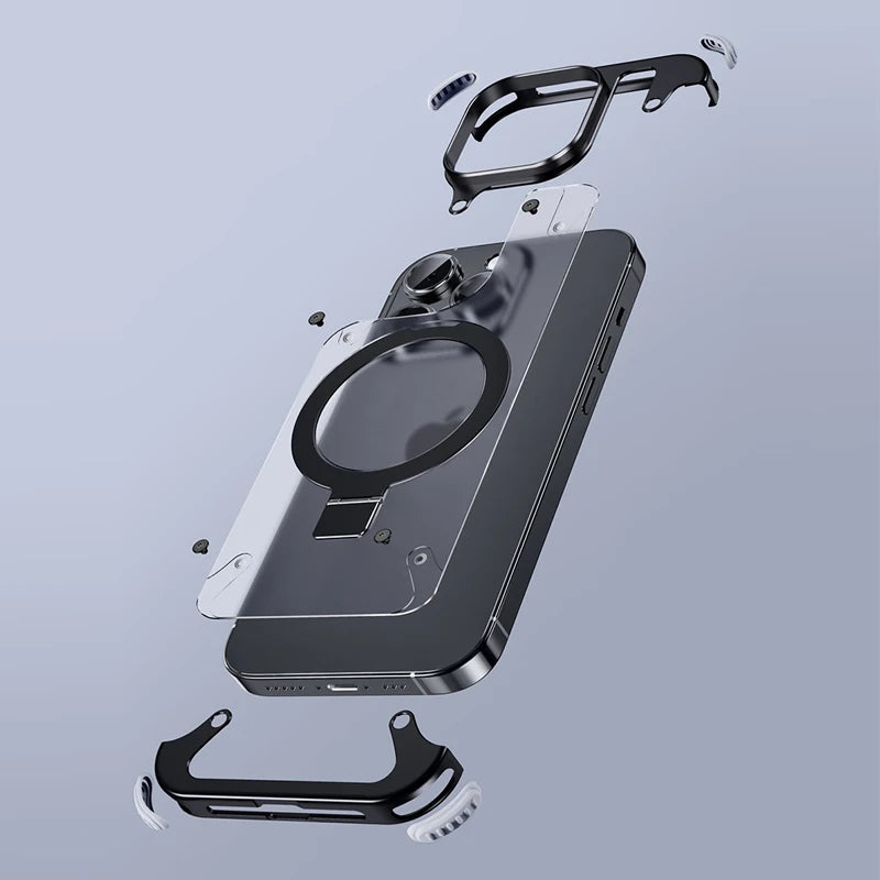 Sleek & Sturdy: Aluminum Alloy Magnetic Stand Rimless Phone Case for iPhone 13, 14, 15 Pro Max & 15 Plus!