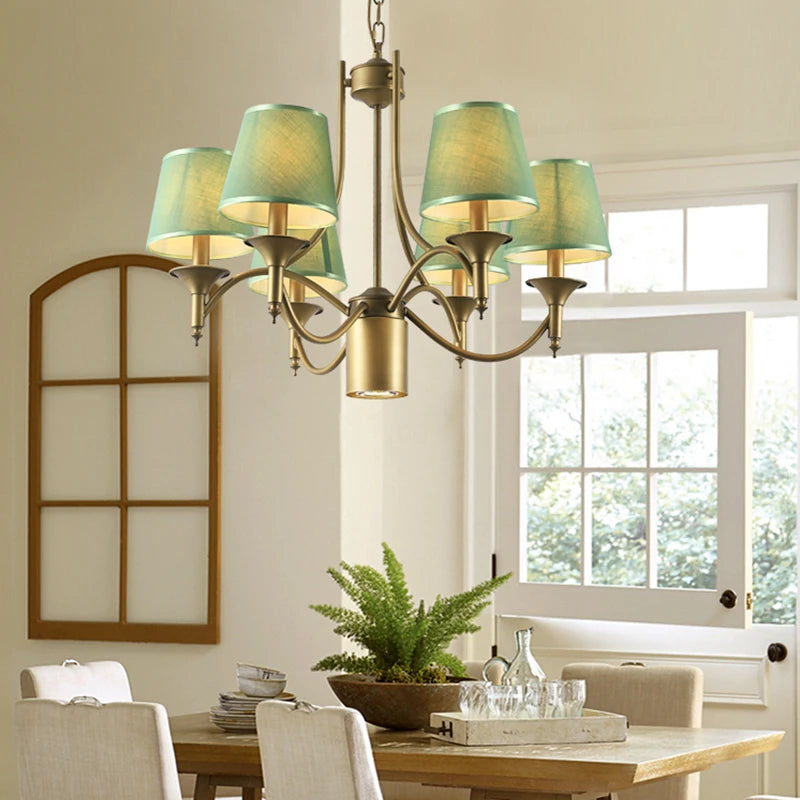 Vintage Iron Chandelier with Soft Cloth Lampshades
