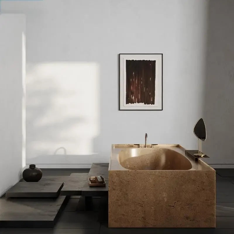 Customizable Natural Marble Bathtub Handcrafted Natural Stone Soaking Tub for Villas & Hotels