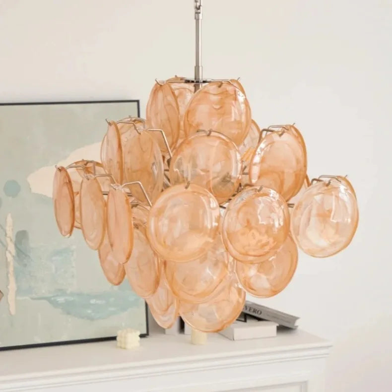 Luxury Pink Disc Murano Chandelier Handmade Vintage Pendant for Living Room & Bedroom