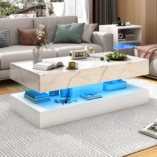 High Gloss LED Coffee Table with Marbling Print and Storage