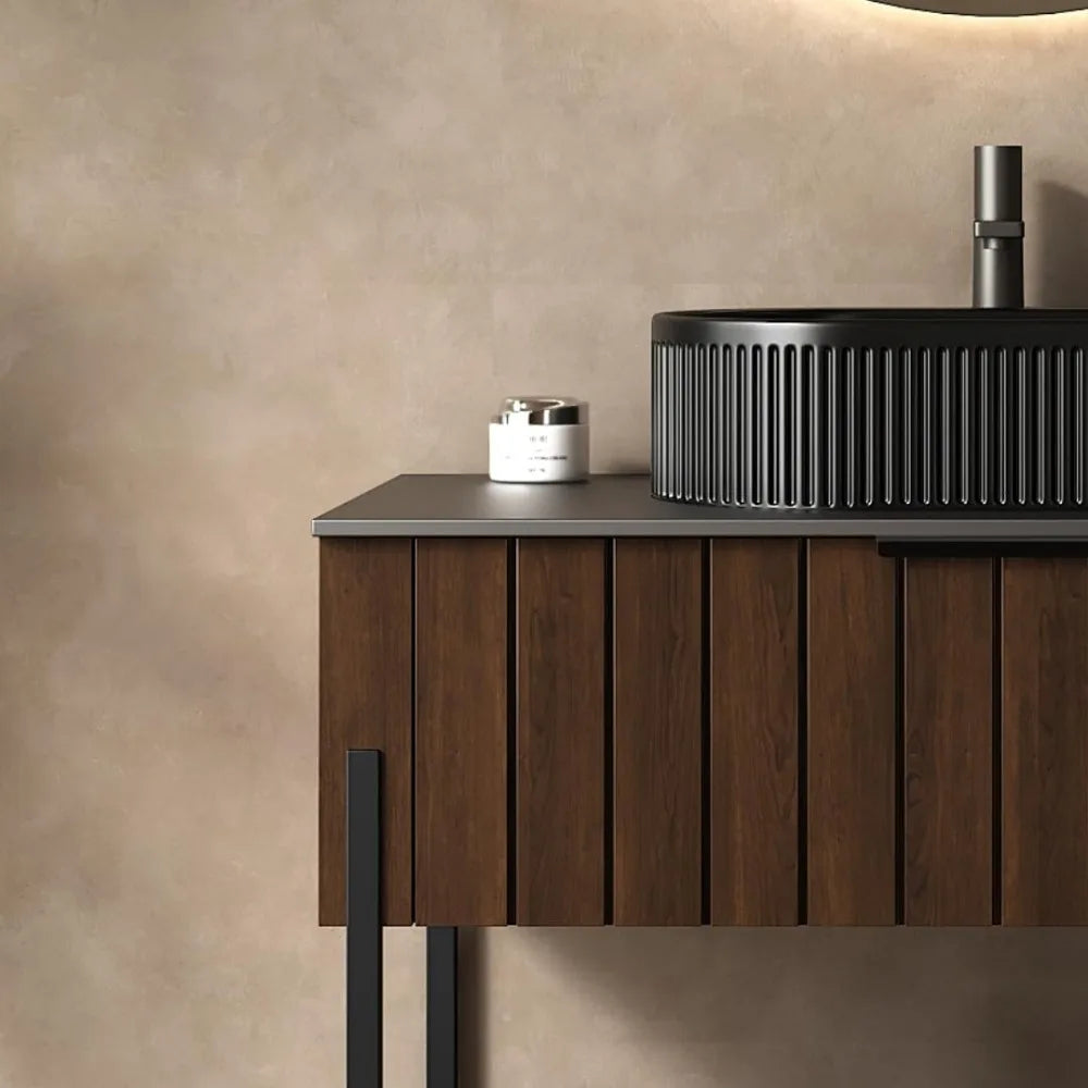 Luxury Bathroom Vanity with Black Ceramic Sink Modern Striped Design & Smart Storage