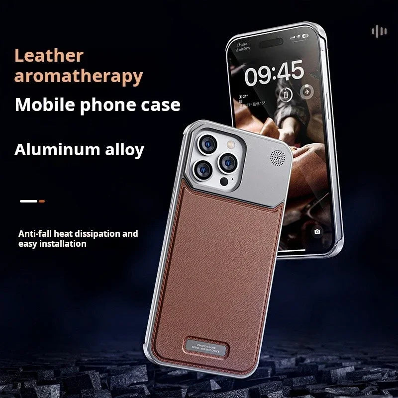 Luxurious Leather & Metal Fusion: Magnetic Aluminum Fragrance Phone Case for iPhone 13, 14, & 15 Pro Max!