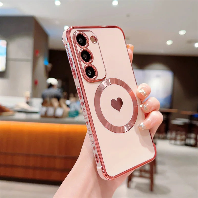Love Heart Plating Magnetic Phone Case for Samsung Galaxy S24, S23, S22, S21 Ultra & Plus – Shockproof MagSafe Back Cover!