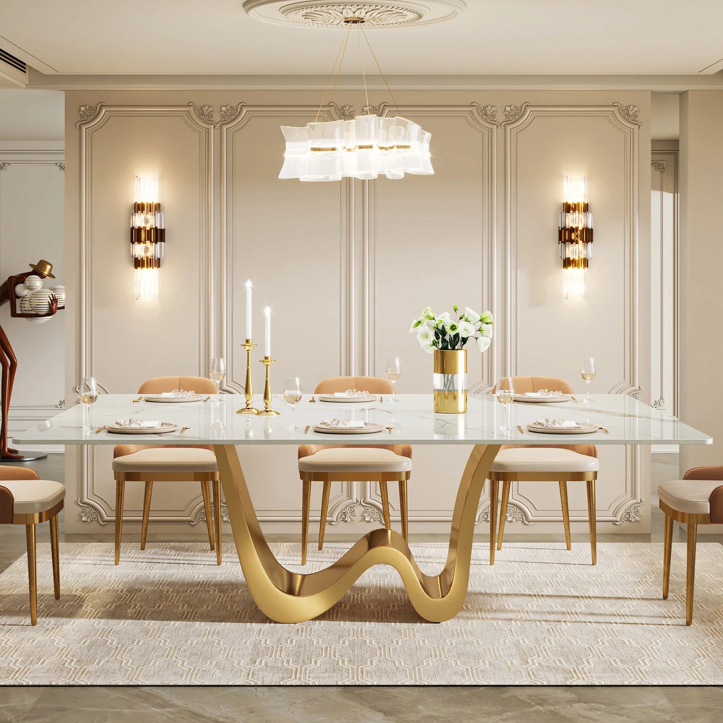 Luxury Tribesigns Sintered Stone Dining Table Sleek White Surface & Gold Base for Modern Kitchens & Luxury Homes
