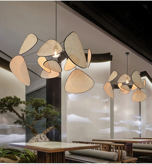 Unique Leaf Grid Design Wood & Bamboo Chandelier for Living & Dining Spaces