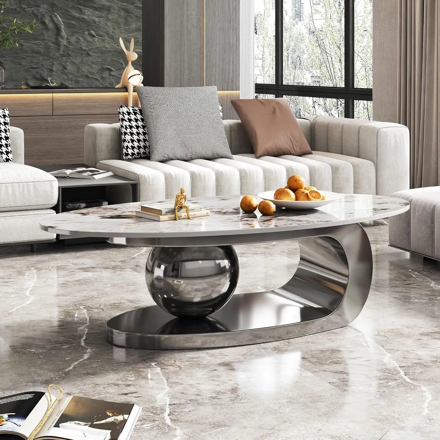 Modern Oval Stone Coffee Table Elegant Gray Metal Base Centerpiece for Luxury Living Rooms
