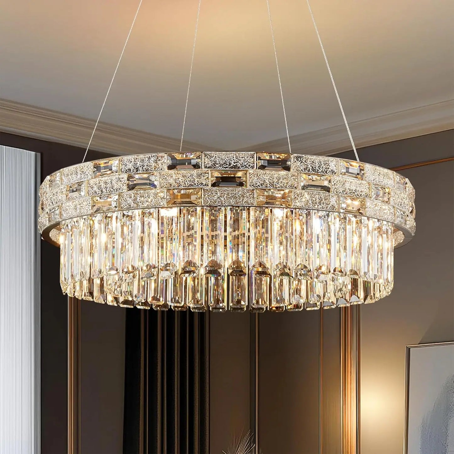 Modern Gold Crystal Chandelier Large LED Pendant Light Perfect for Dining Rooms & Living Spaces
