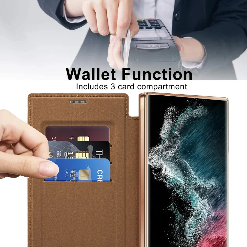 Ultimate Protection: Magnetic Leather Card Holder Shell for Samsung Galaxy S23 FE, S24, S22 Ultra Plus – Wireless Charging & Shockproof Design!