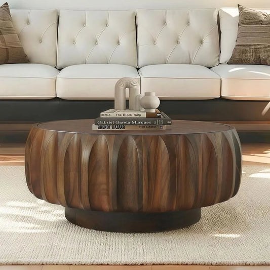 Round Drum Coffee Table Solid Wood Farmhouse Centerpiece for Modern Living Rooms