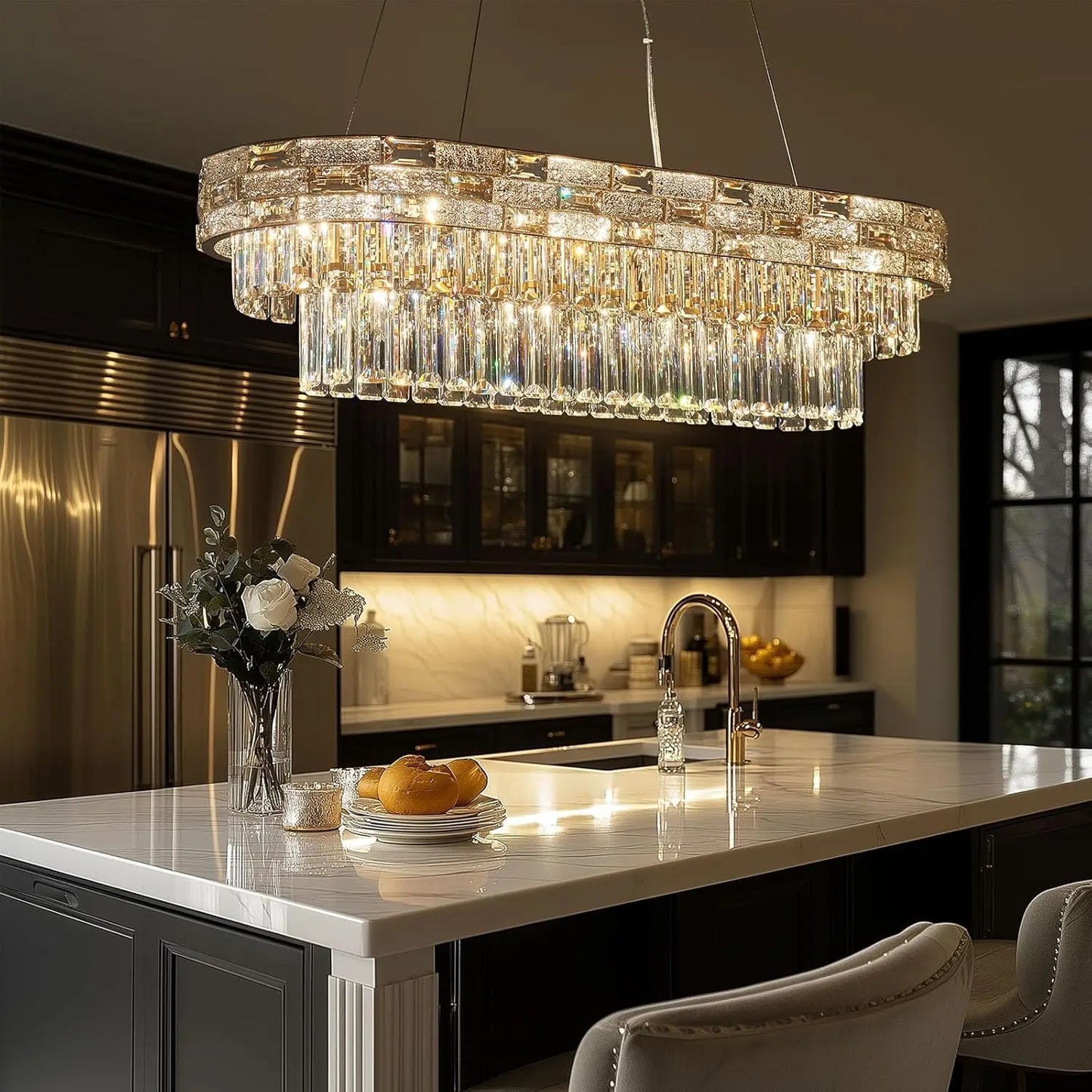 Modern Gold Crystal Chandelier Large LED Pendant Light Perfect for Dining Rooms & Living Spaces