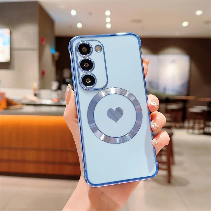 Love Heart Plating Magnetic Phone Case for Samsung Galaxy S24, S23, S22, S21 Ultra & Plus – Shockproof MagSafe Back Cover!