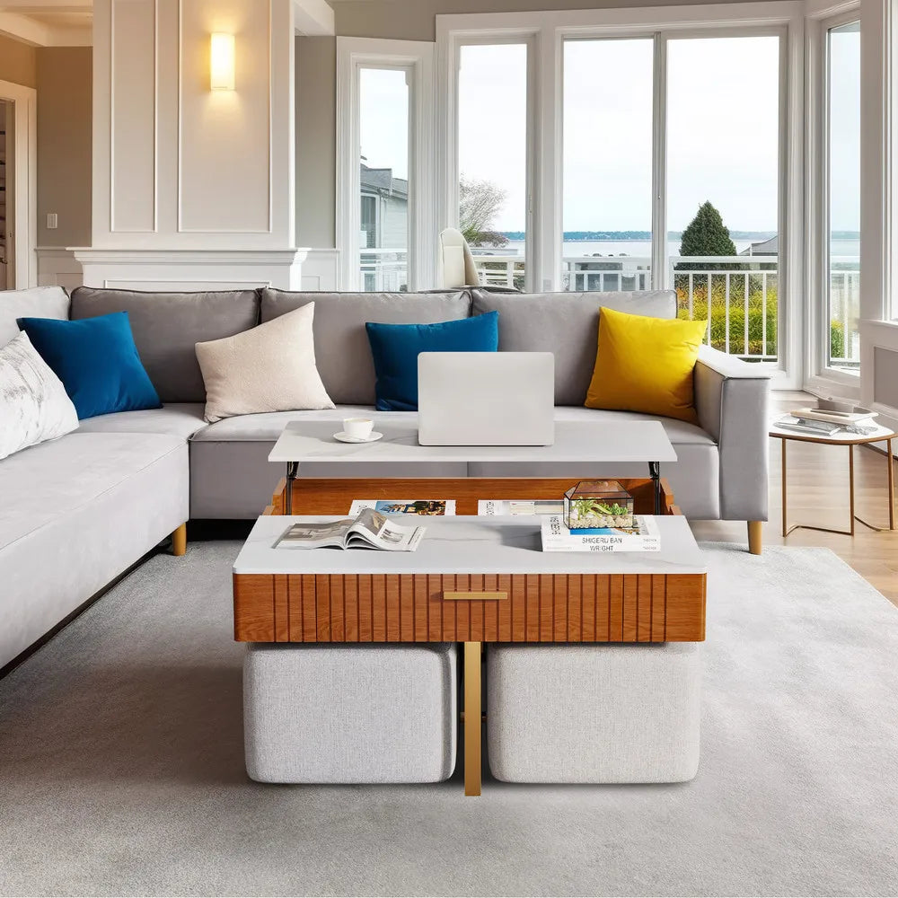 Luxury White Marble Coffee Table Set with Lift Top & 4 Stools Perfect for Modern Living Rooms