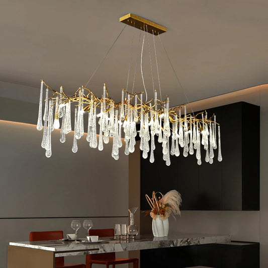 Luxurious Copper Crystal Chandelier Long Tree Branch Pendant Lamp for Dining & Living Rooms