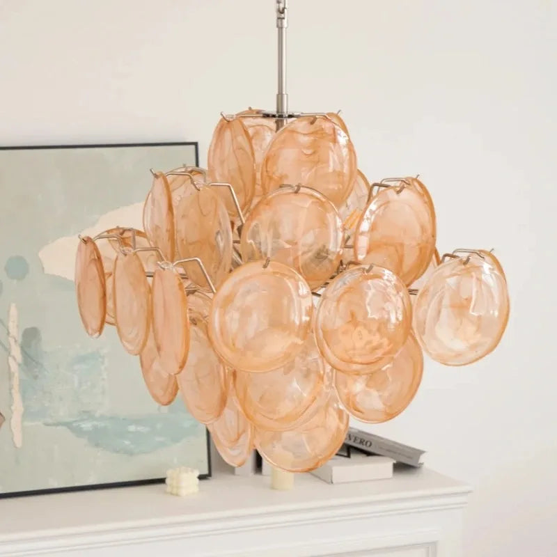Luxury Pink Disc Murano Chandelier Handmade Vintage Pendant for Living Room & Bedroom