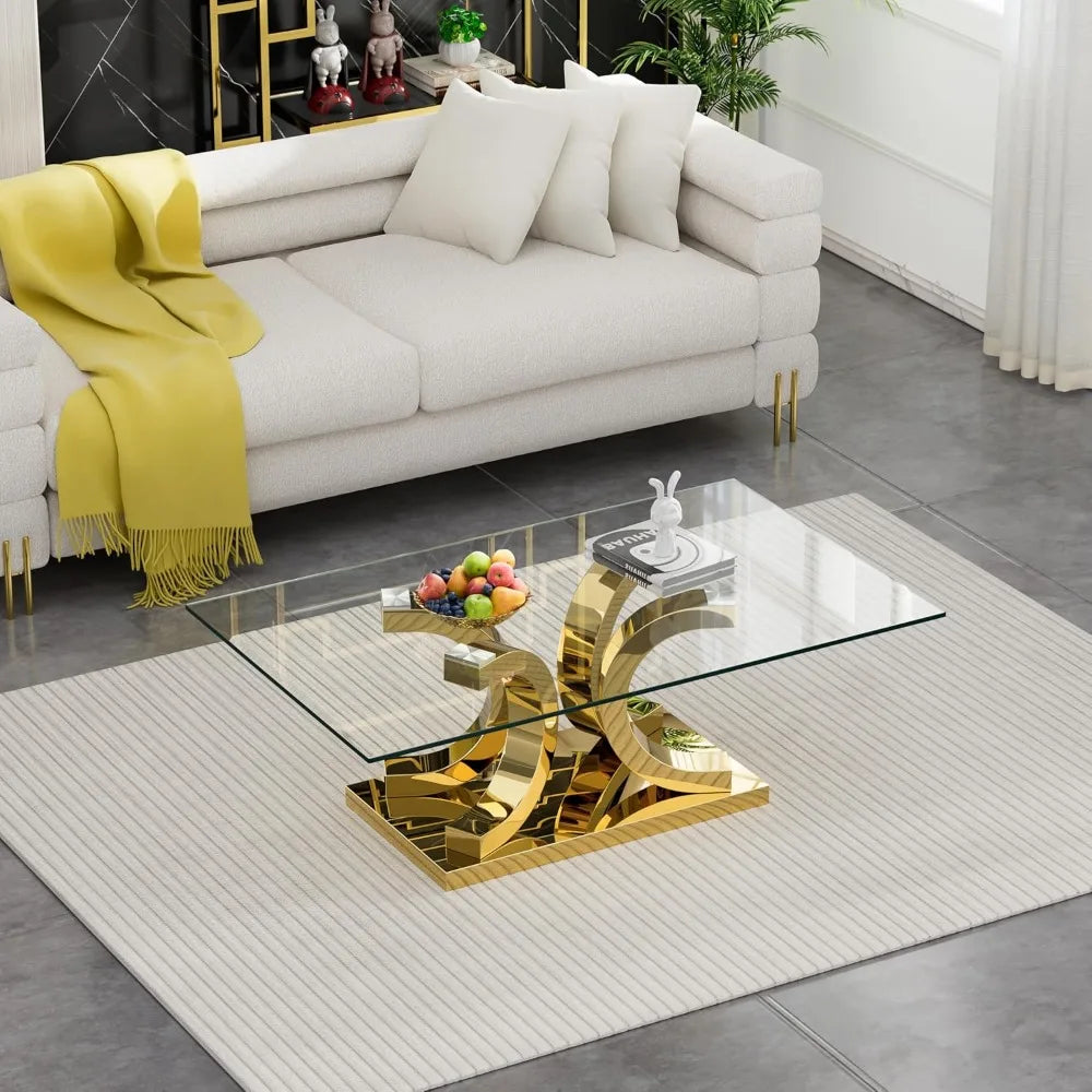 Elegant Glass Center Table – 47" Tempered Glass Coffee Table with Gold Stainless Steel Legs