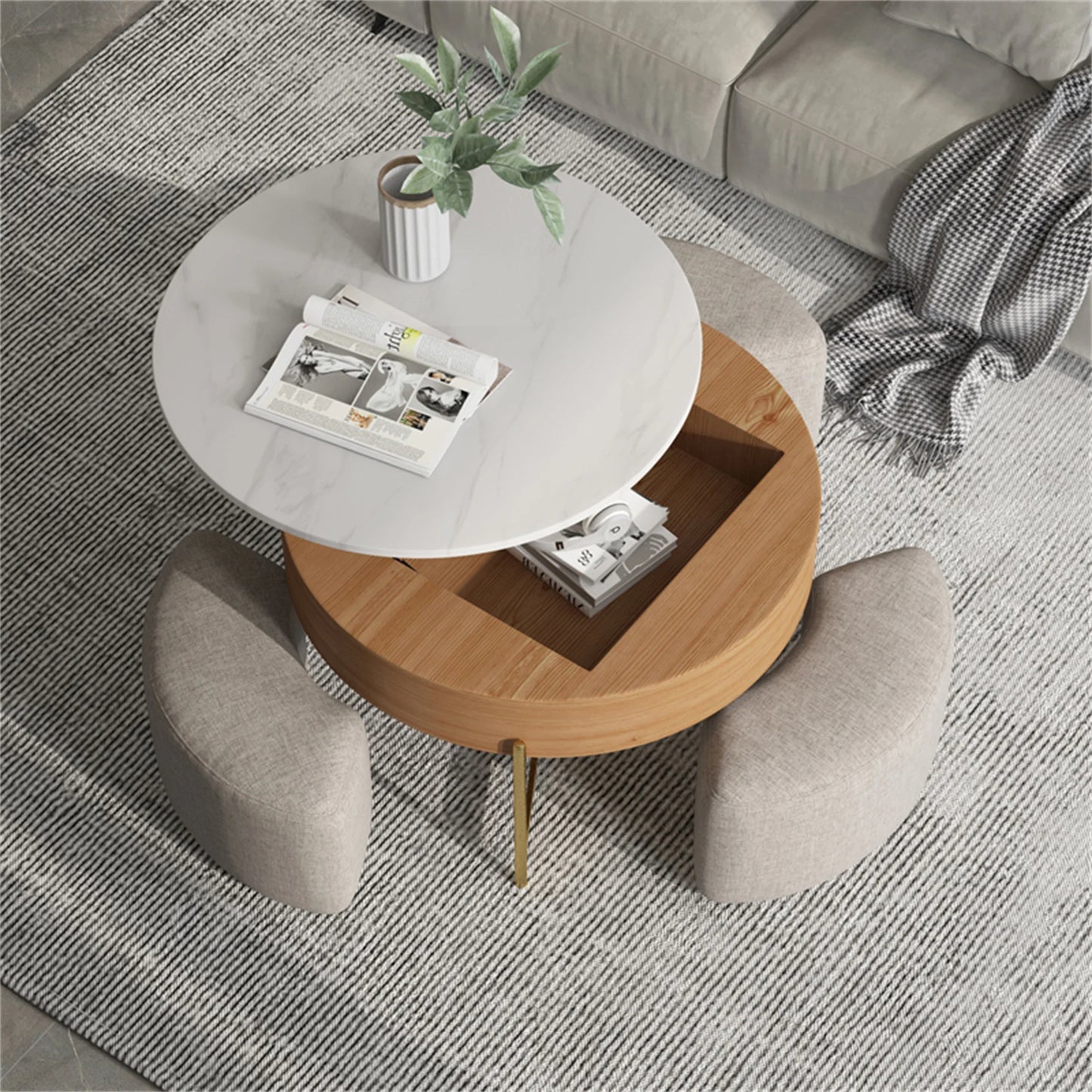 Modern Round Slate Coffee Table with Storage 3 Nesting Stools for Living Room