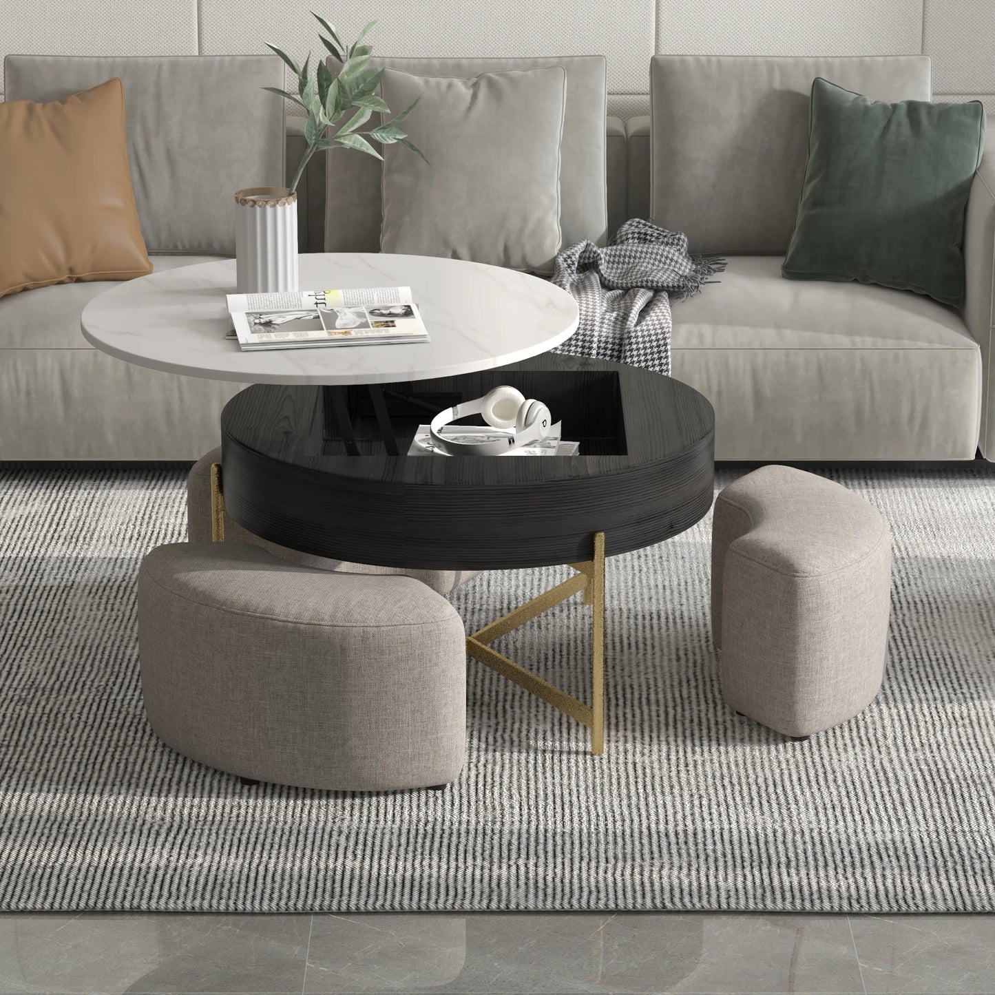 Modern Round Slate Coffee Table with Storage 3 Nesting Stools for Living Room
