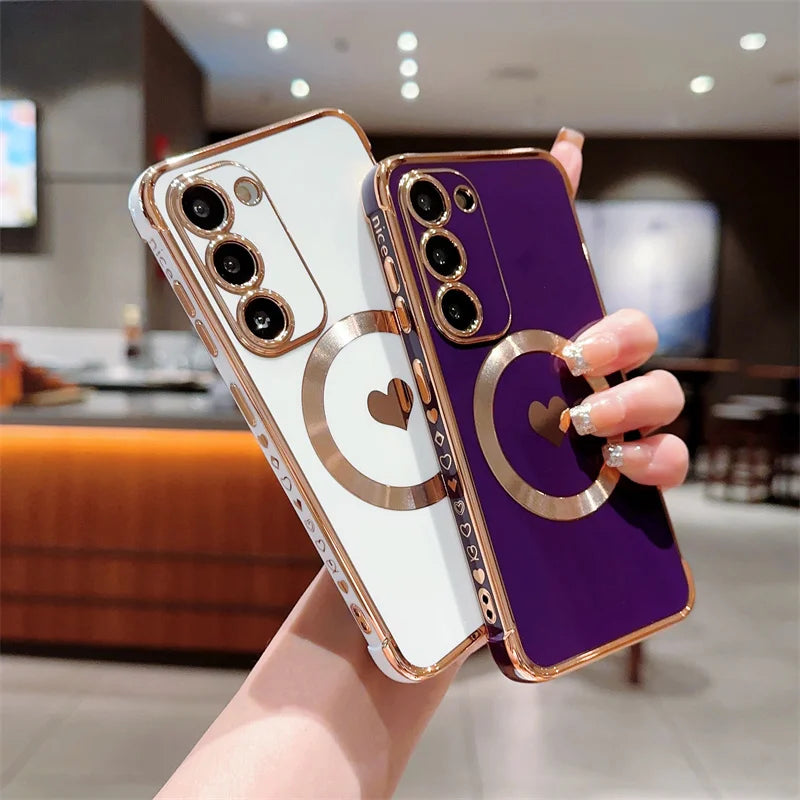 Love Heart Plating Magnetic Phone Case for Samsung Galaxy S24, S23, S22, S21 Ultra & Plus – Shockproof MagSafe Back Cover!