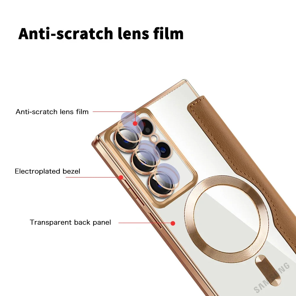 Ultimate Protection: Magnetic Leather Card Holder Shell for Samsung Galaxy S23 FE, S24, S22 Ultra Plus – Wireless Charging & Shockproof Design!
