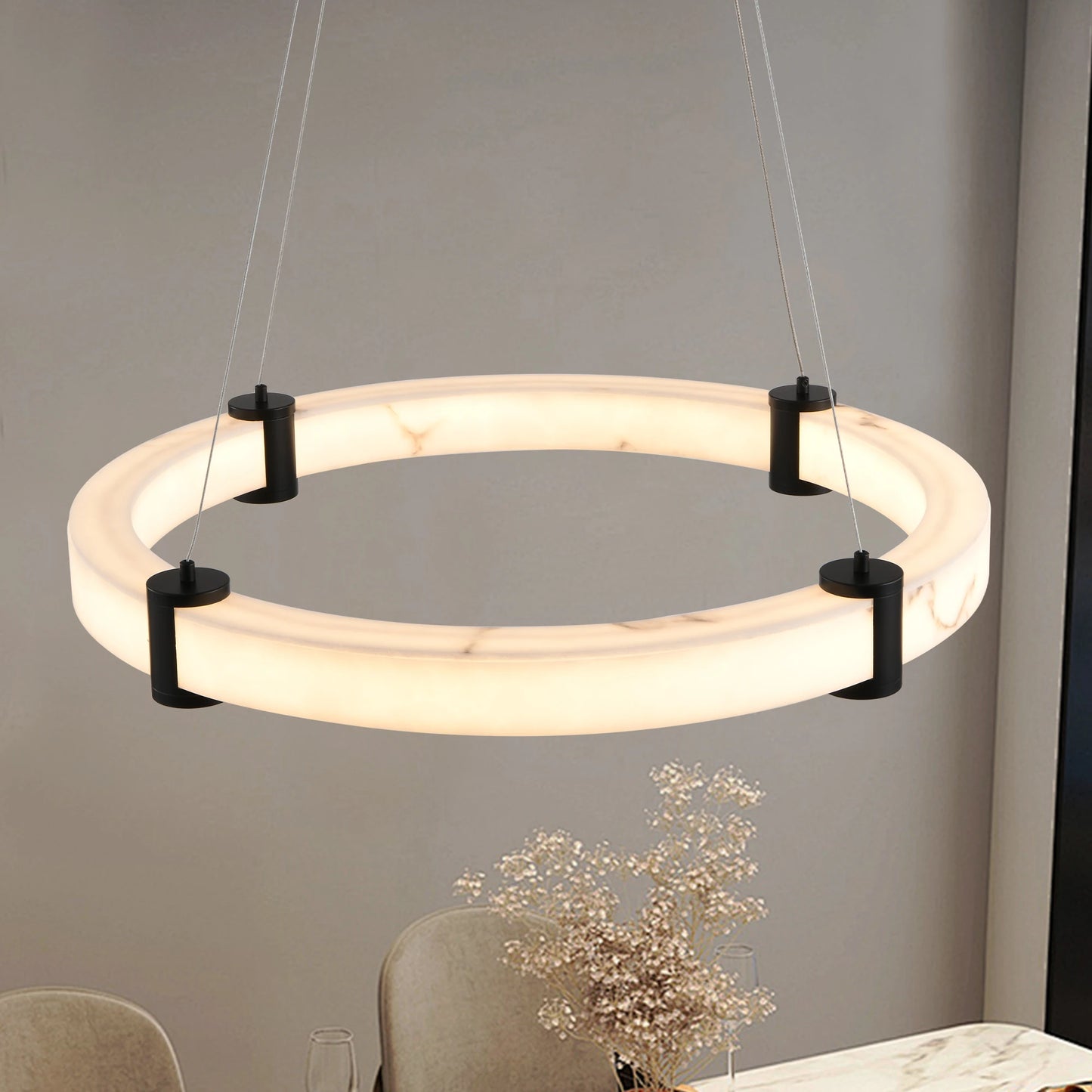 Luxury Resin Ring Chandelier – 23.6” Round LED Pendant for Living Rooms & Dining Areas