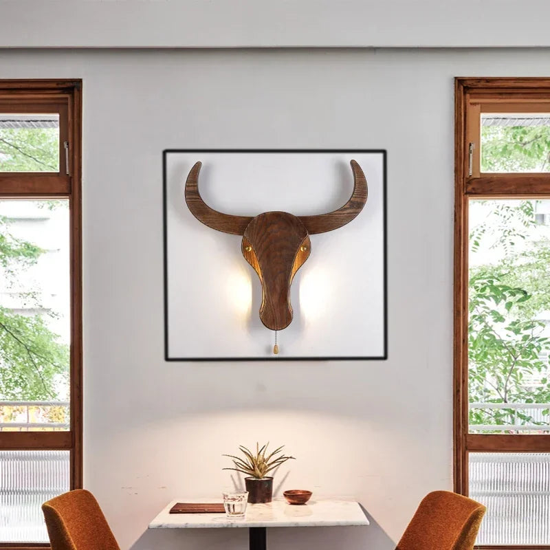 Unique Home Decor Wall Lamp – Nordic Wooden Bull & Elephant Animal Head Light Fixture