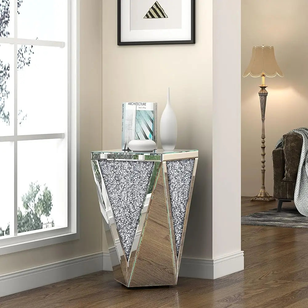Crystal Diamond Mirrored Coffee Table – Silver Glass Side Table for Hallway & Home Decor
