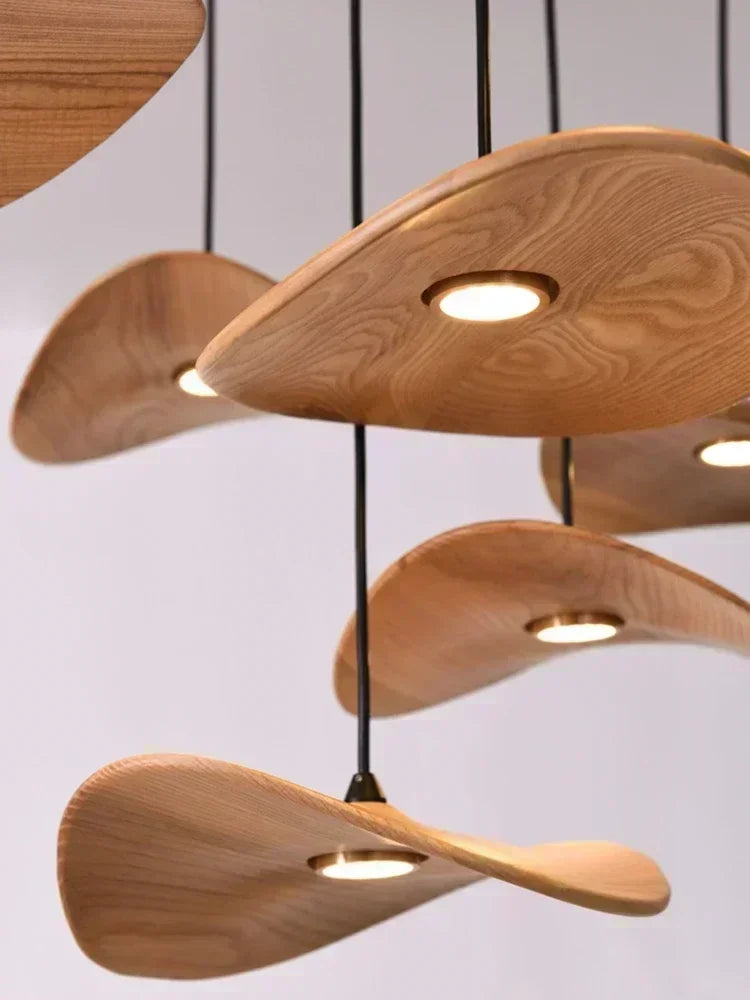 Japanese Lotus Leaf Chandelier Wabi Sabi Wooden Art Light for Zen Villas & Luxury Dining Spaces