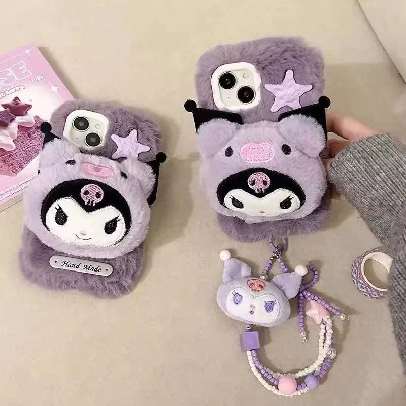 Adorable Sanrio Kuromi Plush Phone Case Cozy Winter Protection for iPhone 12-16 Pro Max Perfect Kawaii Gift