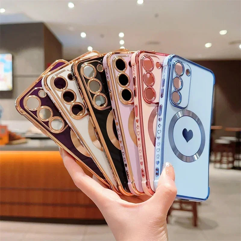 Love Heart Plating Magnetic Phone Case for Samsung Galaxy S24, S23, S22, S21 Ultra & Plus – Shockproof MagSafe Back Cover!
