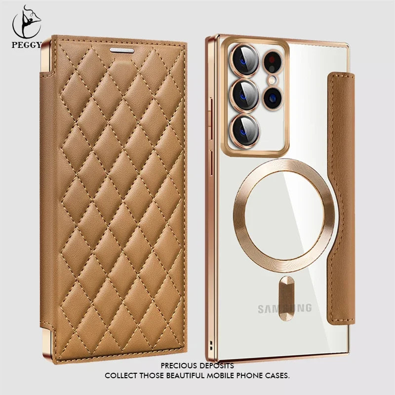Ultimate Protection: Magnetic Leather Card Holder Shell for Samsung Galaxy S23 FE, S24, S22 Ultra Plus – Wireless Charging & Shockproof Design!