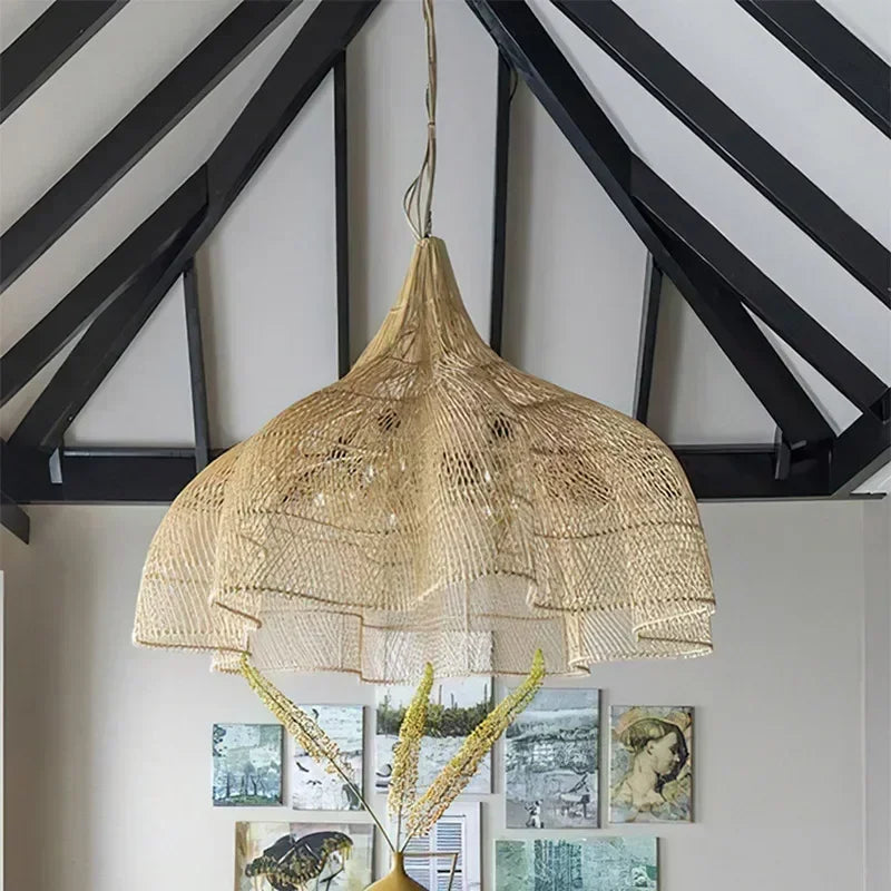 Luxury Rattan Chandelier – Japanese Retro Style Pendant Lighting for Living Rooms