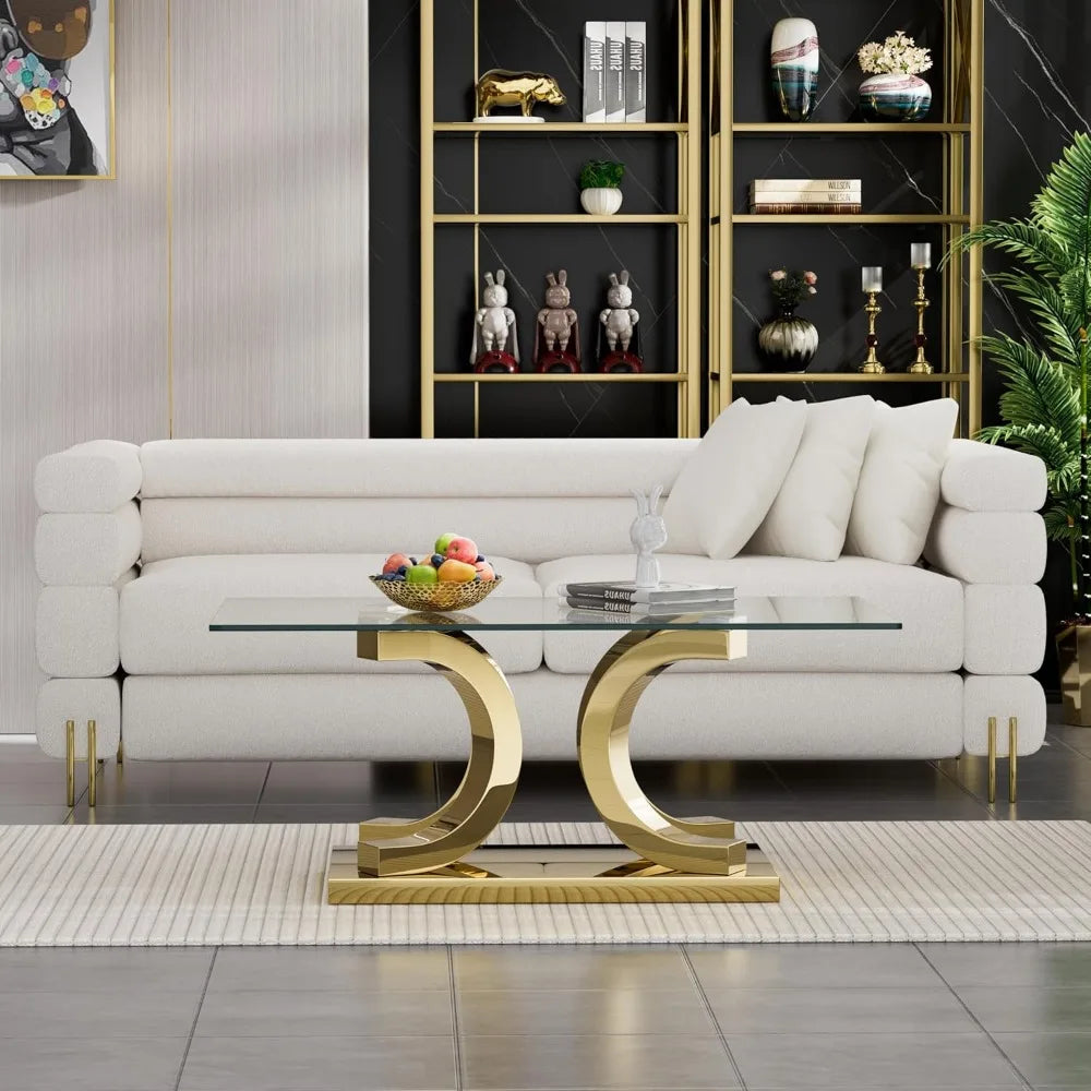 Elegant Glass Center Table – 47" Tempered Glass Coffee Table with Gold Stainless Steel Legs