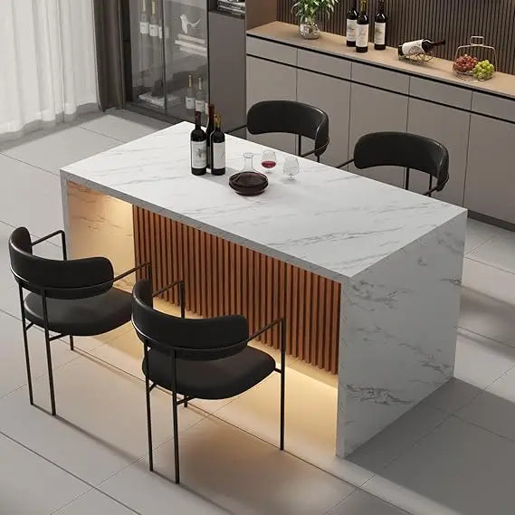 Large Imitation Marble Dining Table With LED Lights Modern Stripe Design for Luxury Kitchens