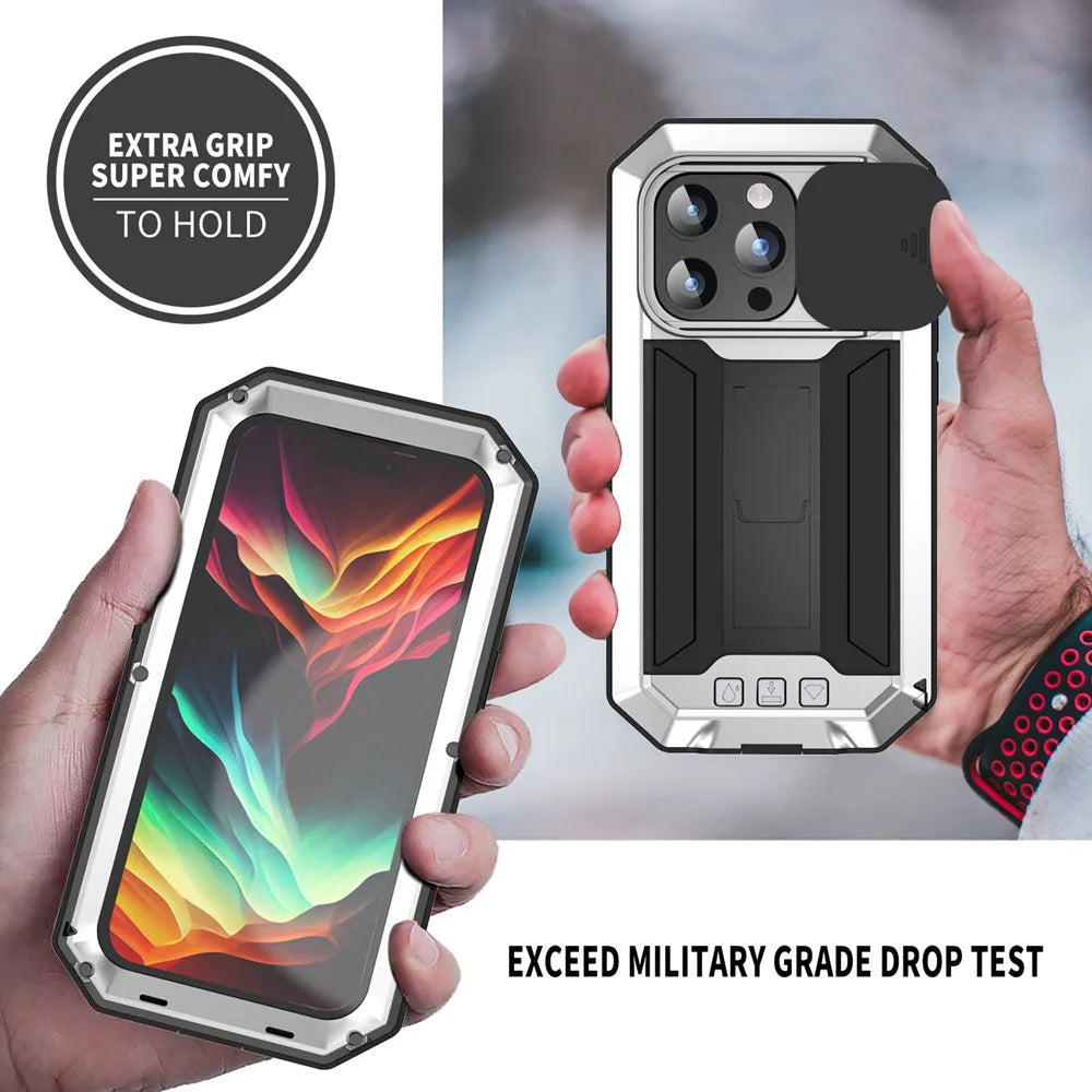 Tempered Glass Armor Metal Case for iPhone 15, 14, 13 Pro Max - Heavy Duty, Shockproof, Camera Lens Guard