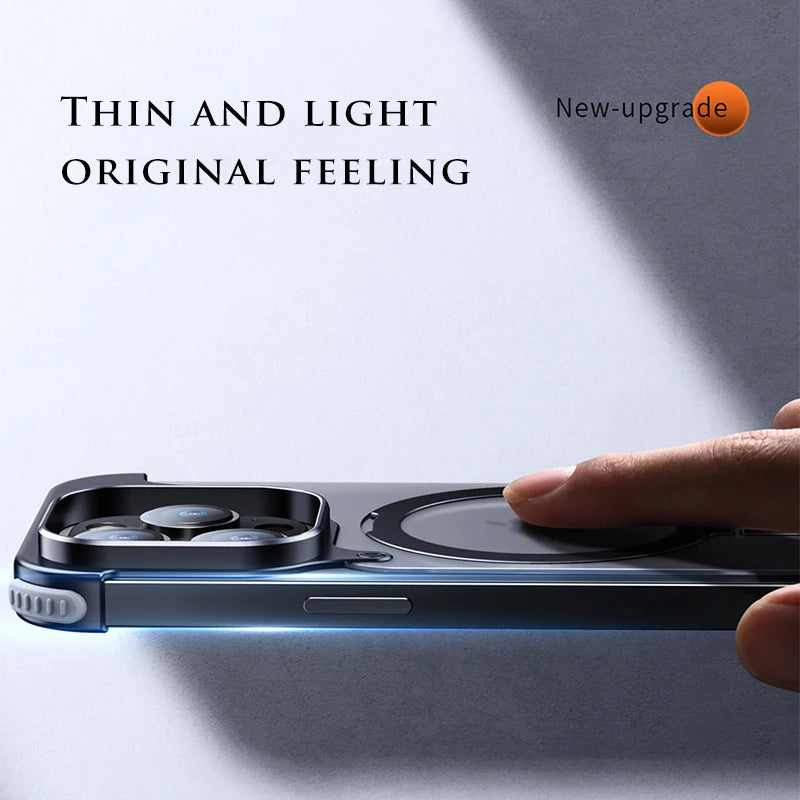 Sleek & Sturdy: Aluminum Alloy Magnetic Stand Rimless Phone Case for iPhone 13, 14, 15 Pro Max & 15 Plus!
