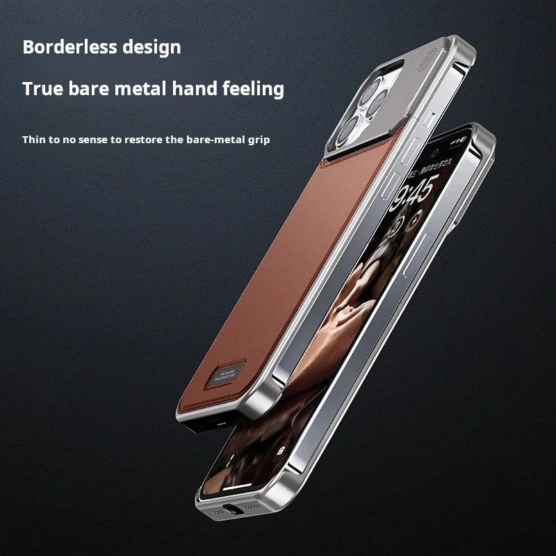 Luxurious Leather & Metal Fusion: Magnetic Aluminum Fragrance Phone Case for iPhone 13, 14, & 15 Pro Max!