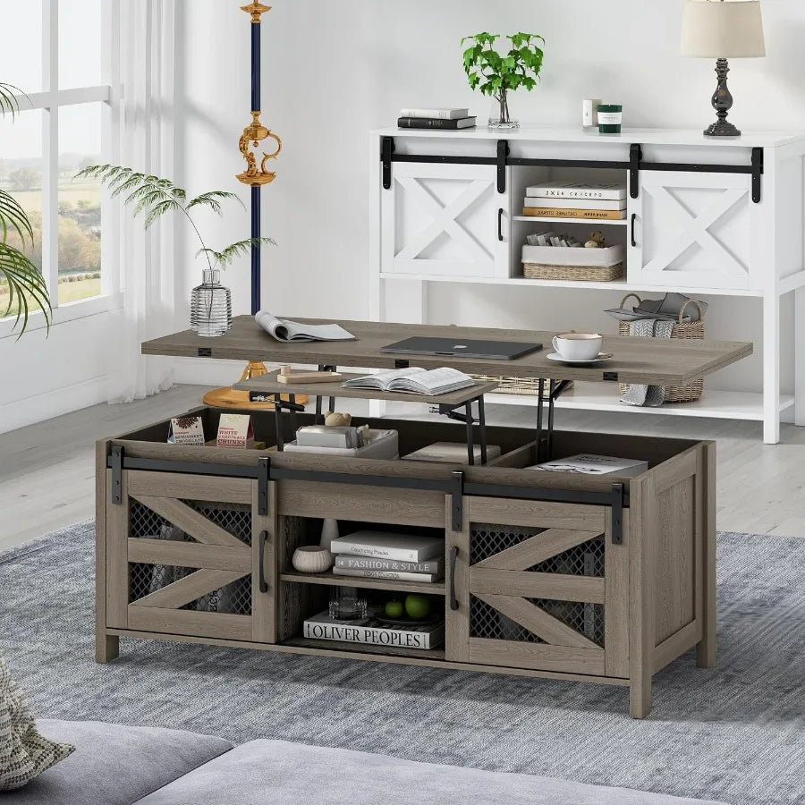 Lift Top Coffee Table with Hidden Storage, Sliding Barn Doors & Game-Changing Functionality for Living Room