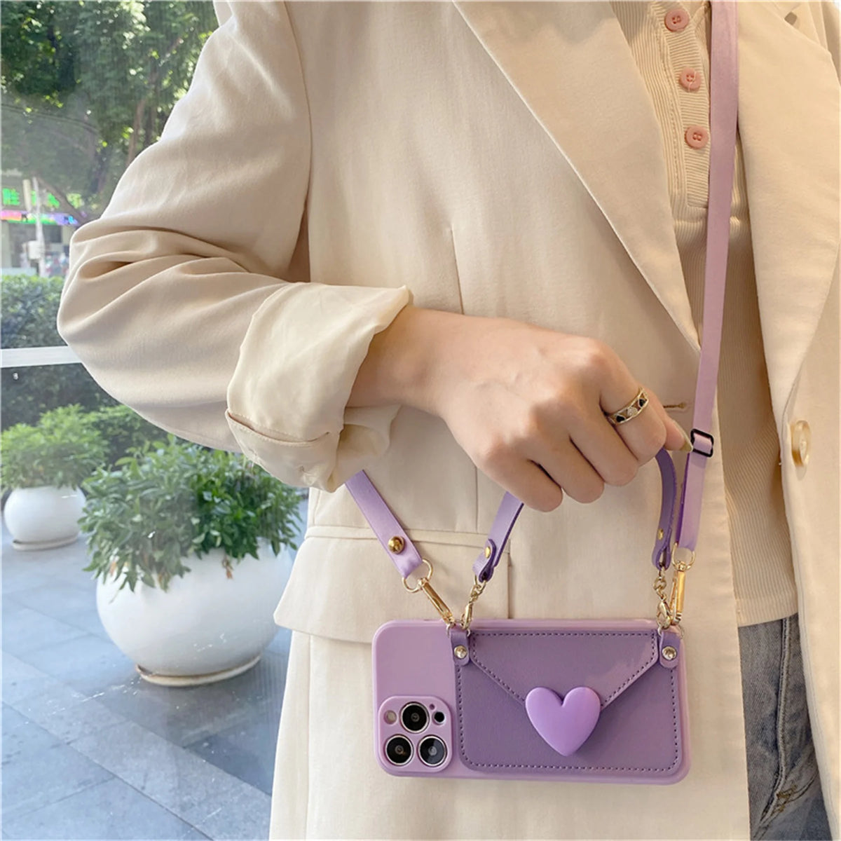 Korean Crossbody Lanyard Necklace Strap Card Holder Case: Stylish Purple Design for iPhone 11, 12, 13, 14 Pro Max & More!