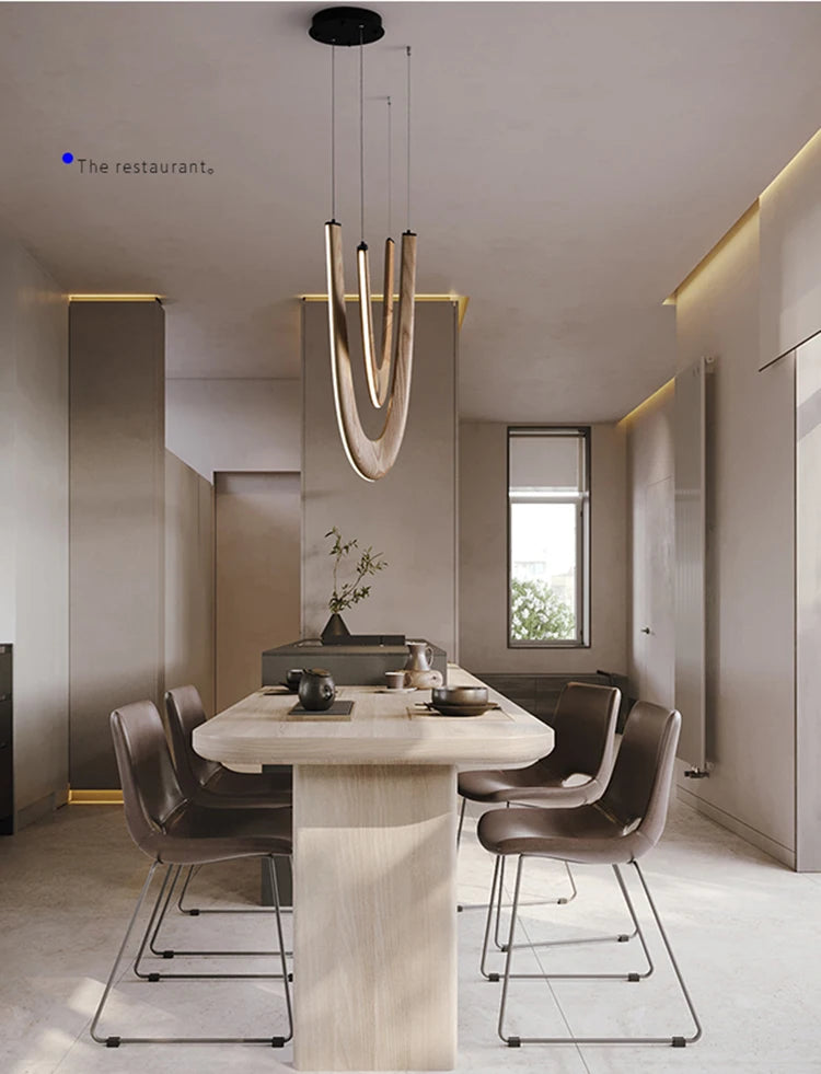 Modern U-shaped Wooden LED Pendant Lights Ideal for Kitchen, Dining & Lobby Lighting