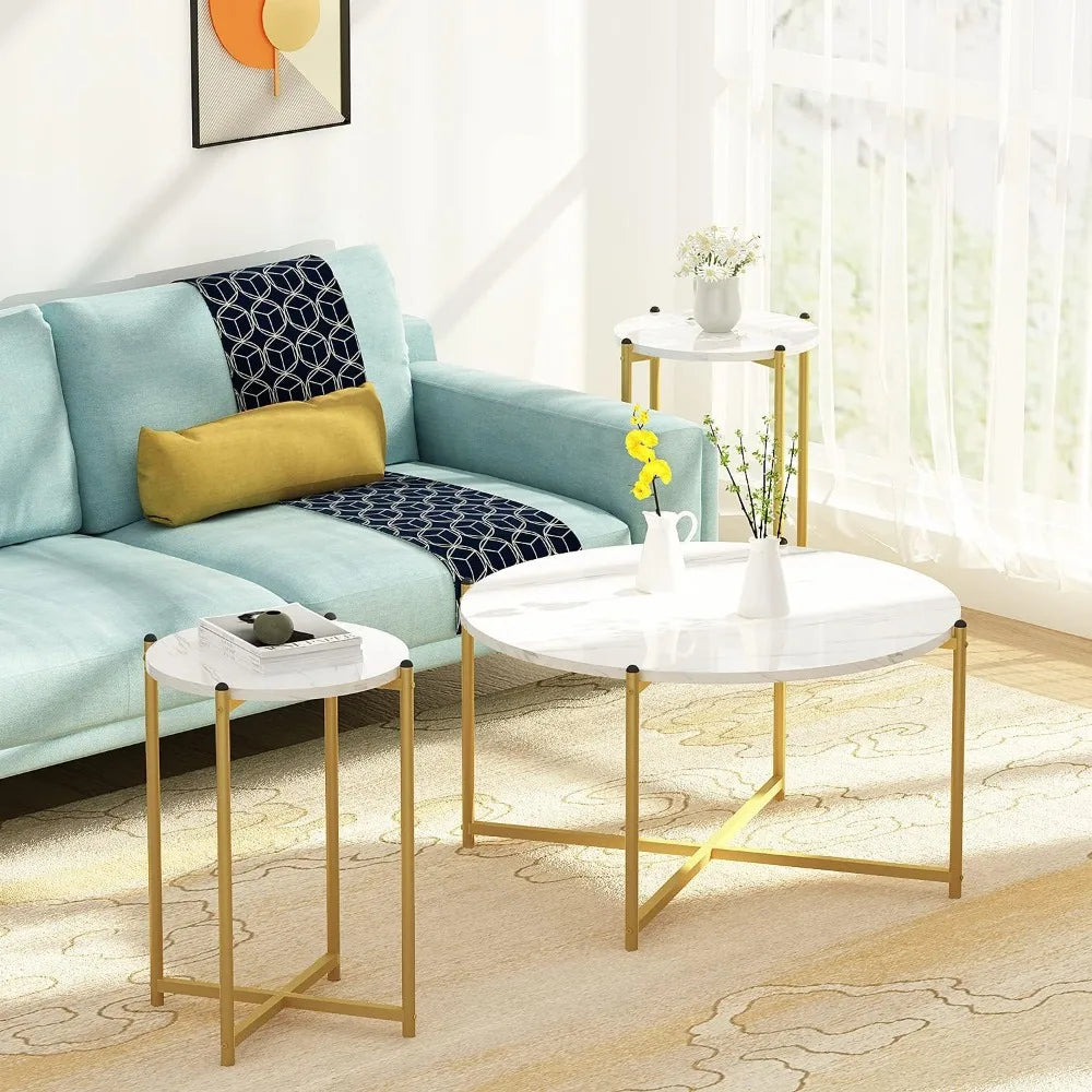 Faux Marble Coffee Table Set of 3 – Stylish White & Gold Tables for Modern Homes
