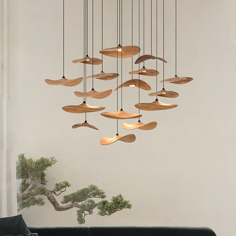 Japanese Lotus Leaf Chandelier Wabi Sabi Wooden Art Light for Zen Villas & Luxury Dining Spaces