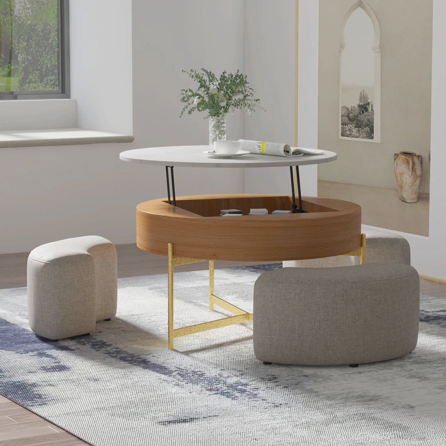 Modern Round Slate Coffee Table with Storage 3 Nesting Stools for Living Room